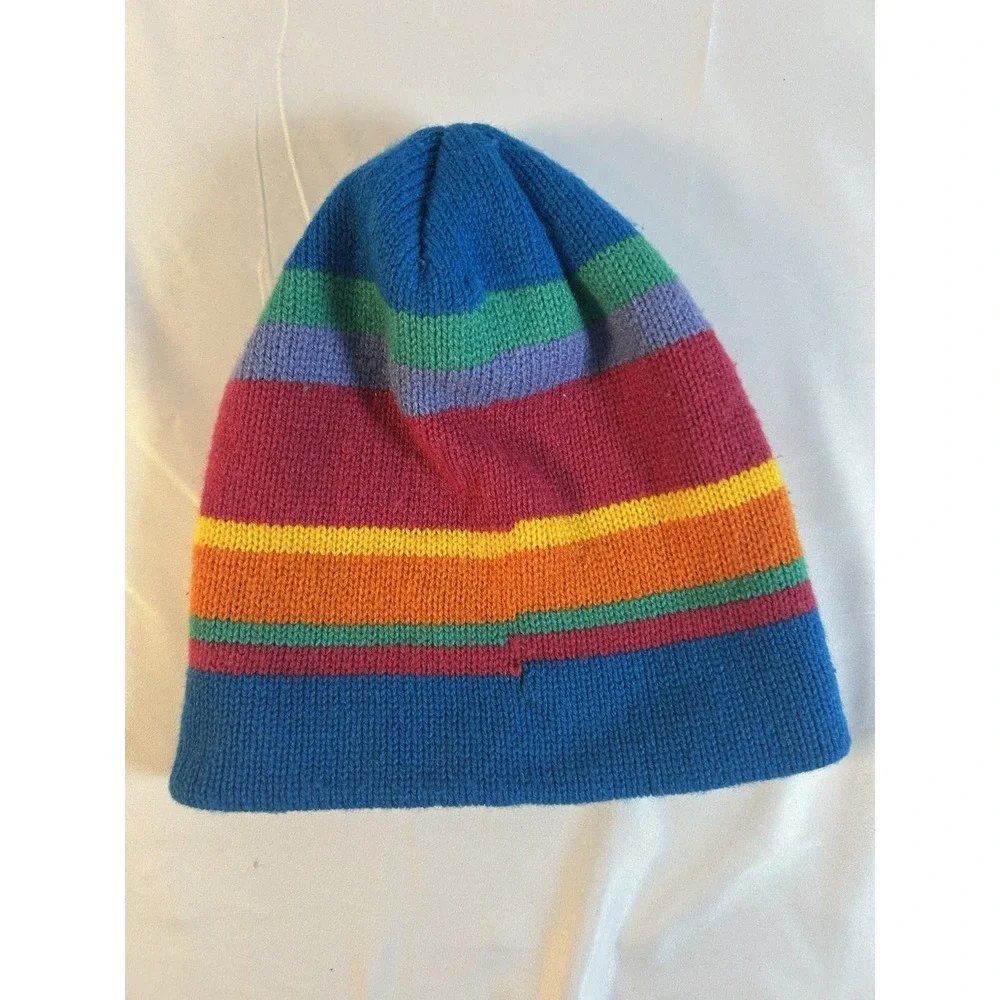 Vintage 80/90's Beanie Multicolor Striped Knit Youth Sz 7/14 Acrylic Wool Retro